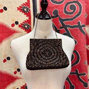Vintage Black/Gold Seed Beaded Silk Lined Small Purse Evening Bag